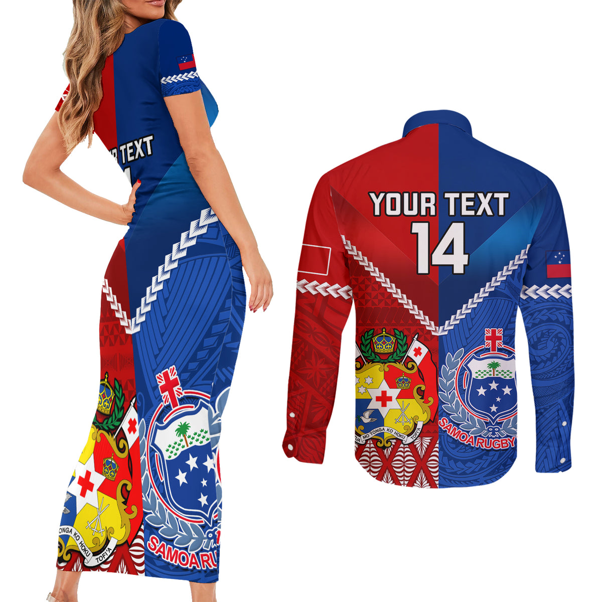 Custom Samoa And Tonga Rugby Couples Matching Short Sleeve Bodycon Dress and Long Sleeve Button Shirts 2023 World Cup Manu Samoa With Ikale Tahi LT14 - Polynesian Pride