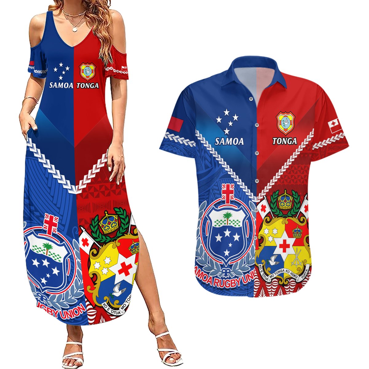 Custom Samoa And Tonga Rugby Couples Matching Summer Maxi Dress and Hawaiian Shirt 2023 World Cup Manu Samoa With Ikale Tahi LT14 Blue - Polynesian Pride