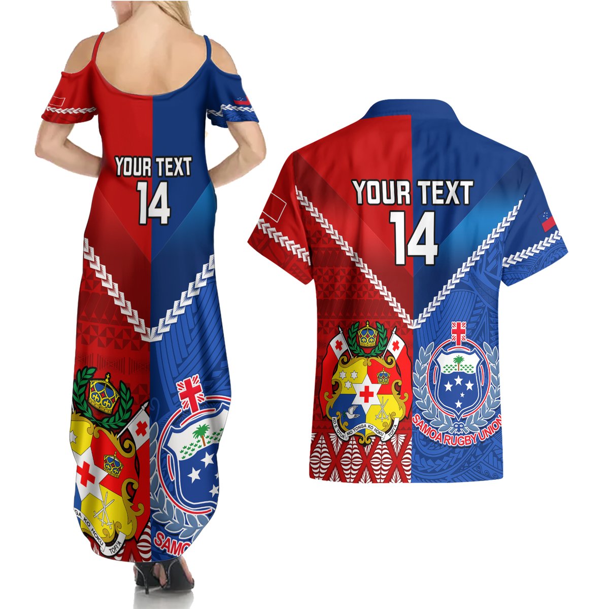 Custom Samoa And Tonga Rugby Couples Matching Summer Maxi Dress and Hawaiian Shirt 2023 World Cup Manu Samoa With Ikale Tahi LT14 - Polynesian Pride
