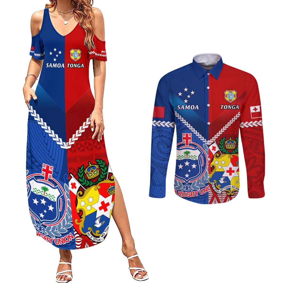 Custom Samoa And Tonga Rugby Couples Matching Summer Maxi Dress and Long Sleeve Button Shirts 2023 World Cup Manu Samoa With Ikale Tahi LT14 Blue - Polynesian Pride
