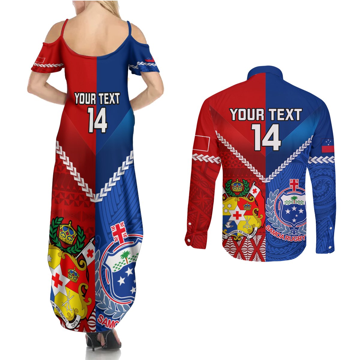 Custom Samoa And Tonga Rugby Couples Matching Summer Maxi Dress and Long Sleeve Button Shirts 2023 World Cup Manu Samoa With Ikale Tahi LT14 - Polynesian Pride