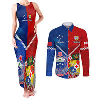 Custom Samoa And Tonga Rugby Couples Matching Tank Maxi Dress and Long Sleeve Button Shirts 2023 World Cup Manu Samoa With Ikale Tahi LT14 Blue - Polynesian Pride