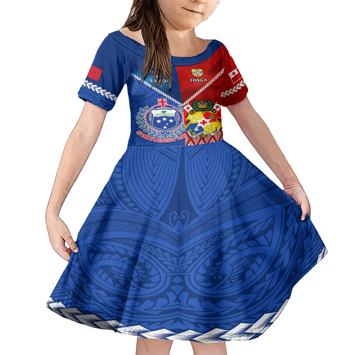 Custom Samoa And Tonga Rugby Kid Short Sleeve Dress 2023 World Cup Manu Samoa With Ikale Tahi LT14 KID Blue - Polynesian Pride