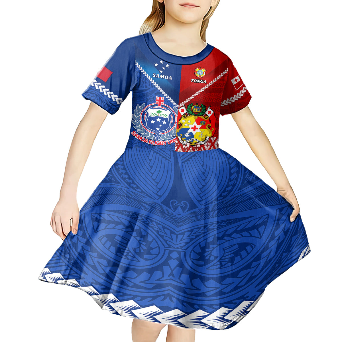 Custom Samoa And Tonga Rugby Kid Short Sleeve Dress 2023 World Cup Manu Samoa With Ikale Tahi LT14 - Polynesian Pride