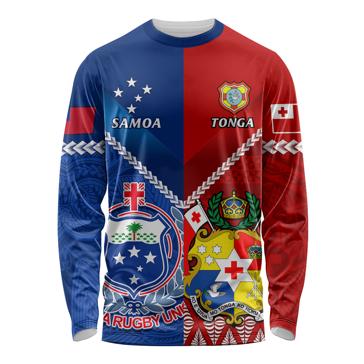 Custom Samoa And Tonga Rugby Long Sleeve Shirt 2023 World Cup Manu Samoa With Ikale Tahi LT14 Unisex Blue - Polynesian Pride