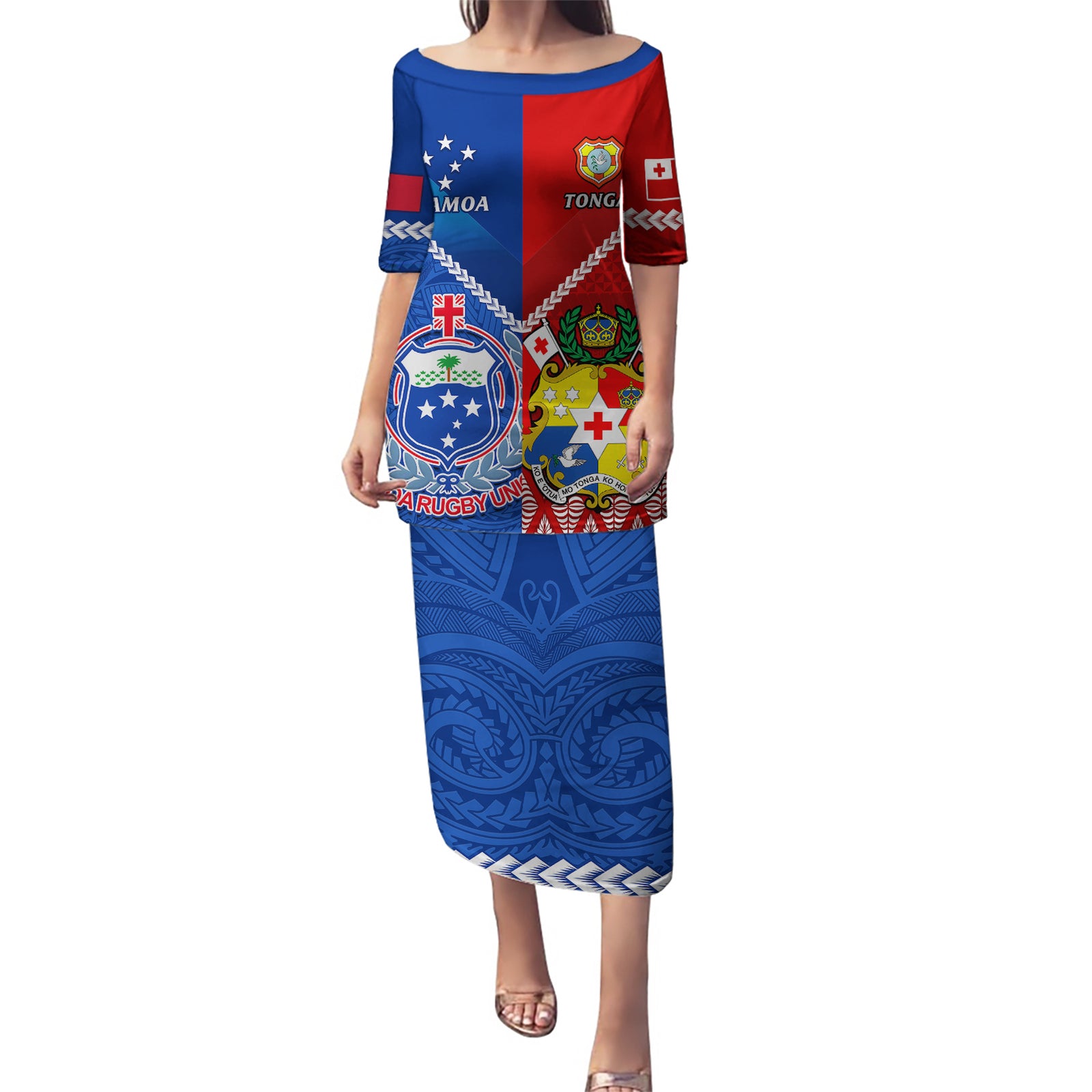 Custom Samoa And Tonga Rugby Puletasi 2023 World Cup Manu Samoa With Ikale Tahi LT14 Long Dress Blue - Polynesian Pride