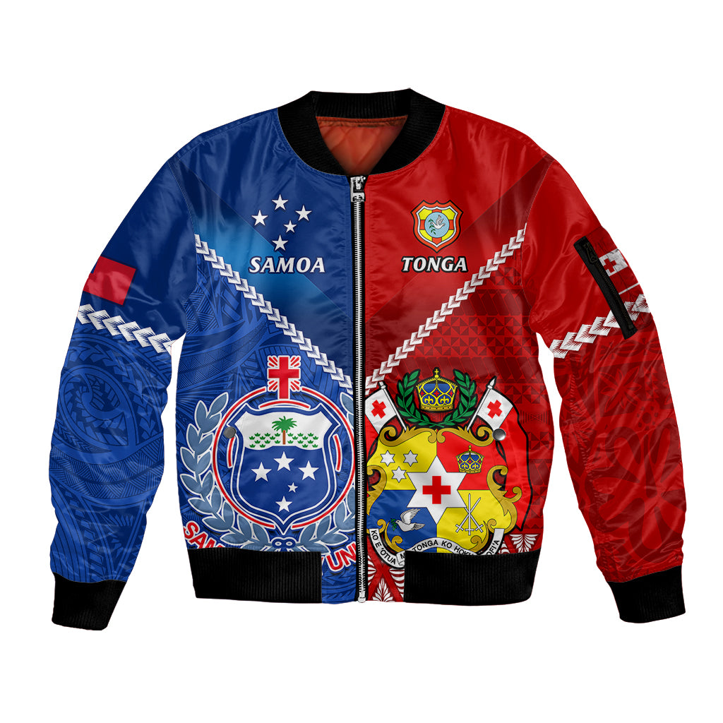 Custom Samoa And Tonga Rugby Sleeve Zip Bomber Jacket 2023 World Cup Manu Samoa With Ikale Tahi LT14 Unisex Blue - Polynesian Pride