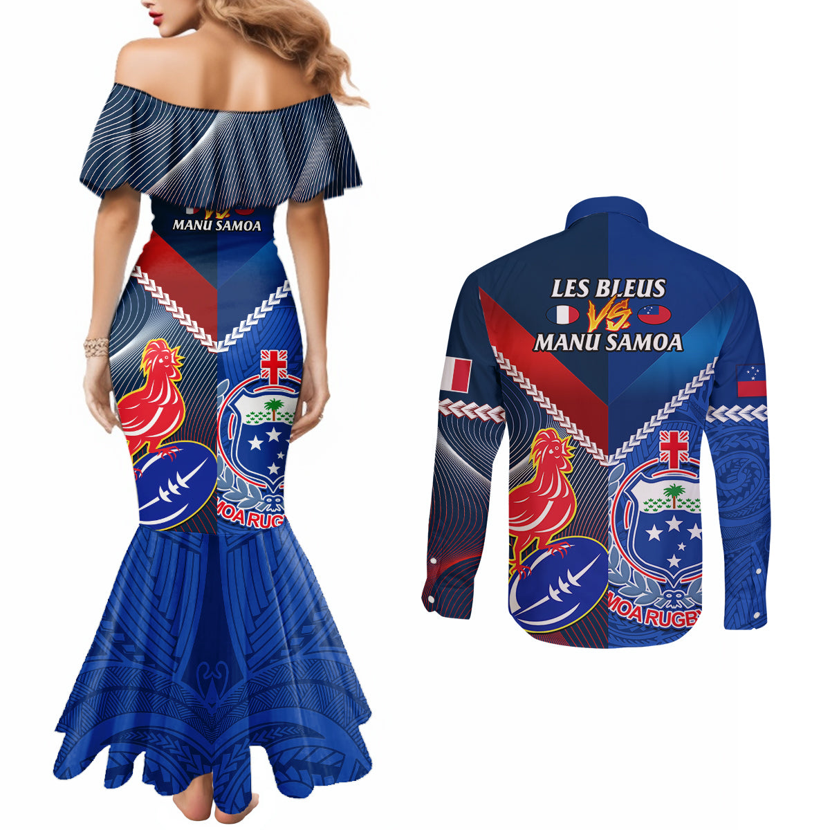 samoa-and-france-rugby-couples-matching-mermaid-dress-and-long-sleeve-button-shirts-2023-world-cup-manu-samoa-with-les-bleus