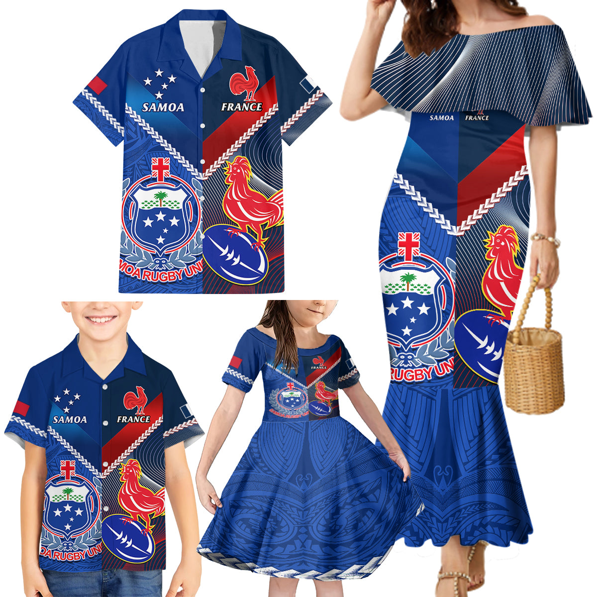 samoa-and-france-rugby-family-matching-mermaid-dress-and-hawaiian-shirt-2023-world-cup-manu-samoa-with-les-bleus