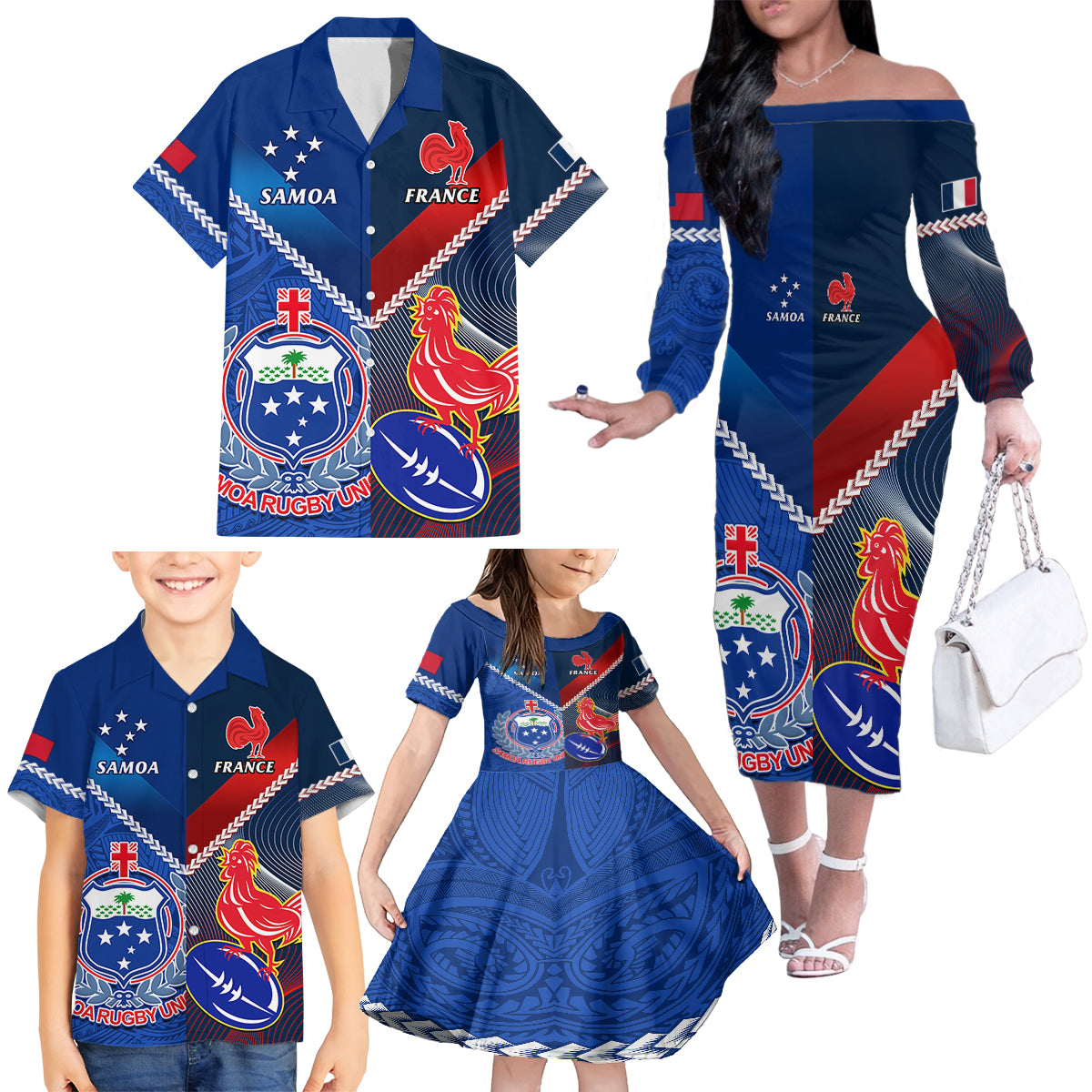 samoa-and-france-rugby-family-matching-off-shoulder-long-sleeve-dress-and-hawaiian-shirt-2023-world-cup-manu-samoa-with-les-bleus