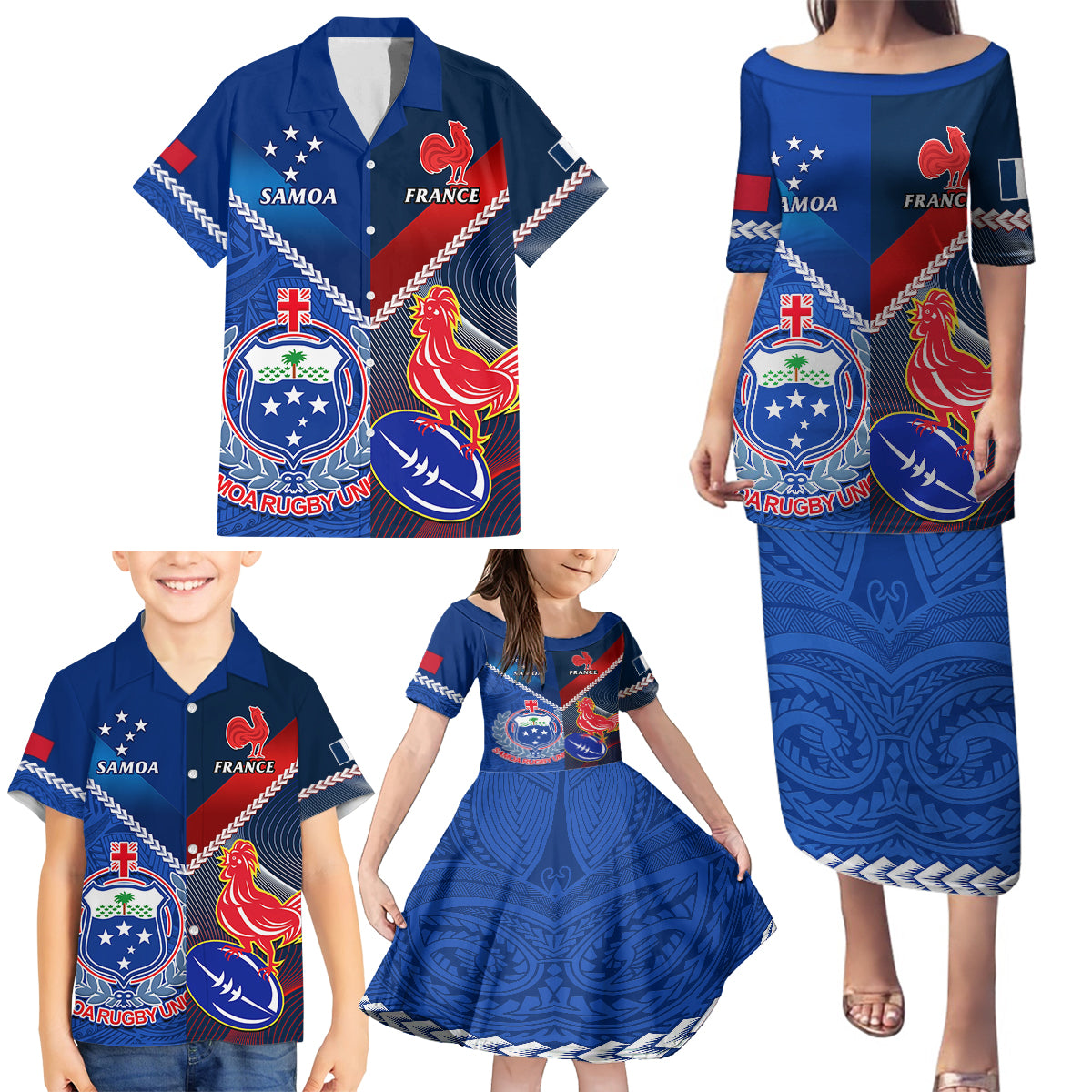 Samoa And France Rugby Family Matching Puletasi Dress and Hawaiian Shirt 2023 World Cup Manu Samoa With Les Bleus LT14 - Polynesian Pride