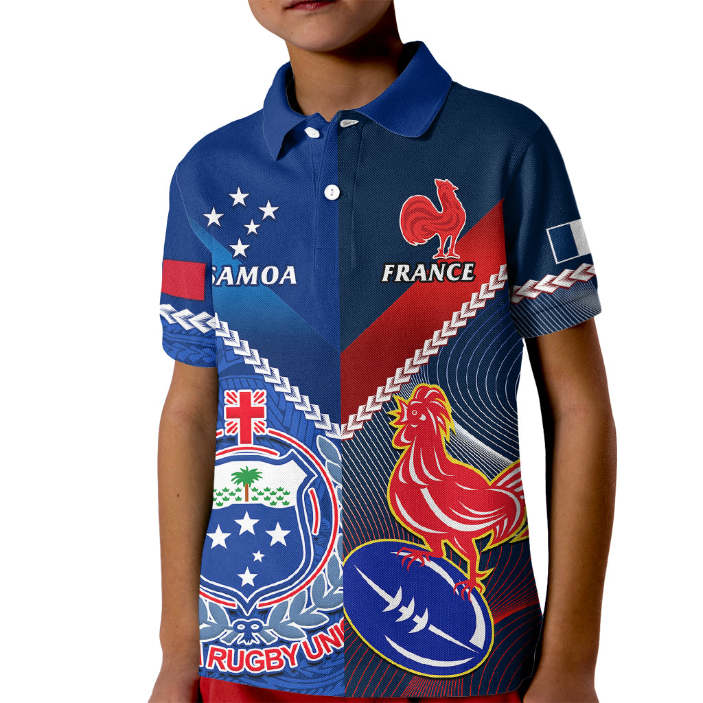 Samoa And France Rugby Kid Polo Shirt 2023 World Cup Manu Samoa With Les Bleus LT14 Kid Blue - Polynesian Pride