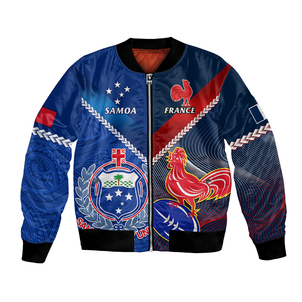 Custom Samoa And France Rugby Bomber Jacket 2023 World Cup Manu Samoa With Les Bleus LT14 Unisex Blue - Polynesian Pride
