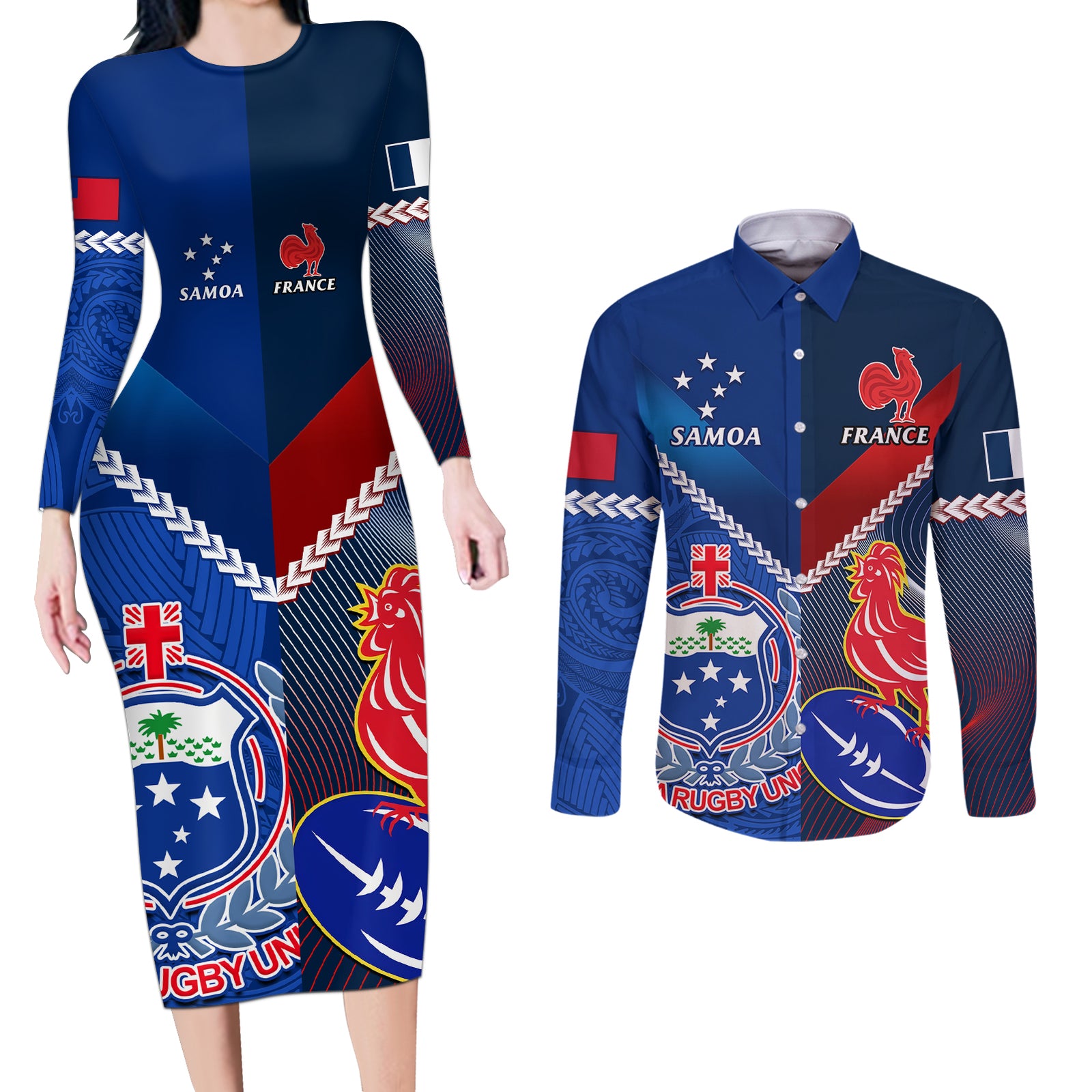 Custom Samoa And France Rugby Couples Matching Long Sleeve Bodycon Dress and Long Sleeve Button Shirts 2023 World Cup Manu Samoa With Les Bleus LT14 Blue - Polynesian Pride