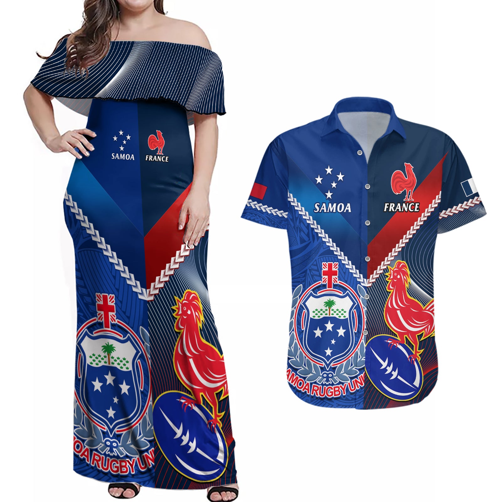 custom-samoa-and-france-rugby-couples-matching-off-shoulder-maxi-dress-and-hawaiian-shirt-2023-world-cup-manu-samoa-with-les-bleus