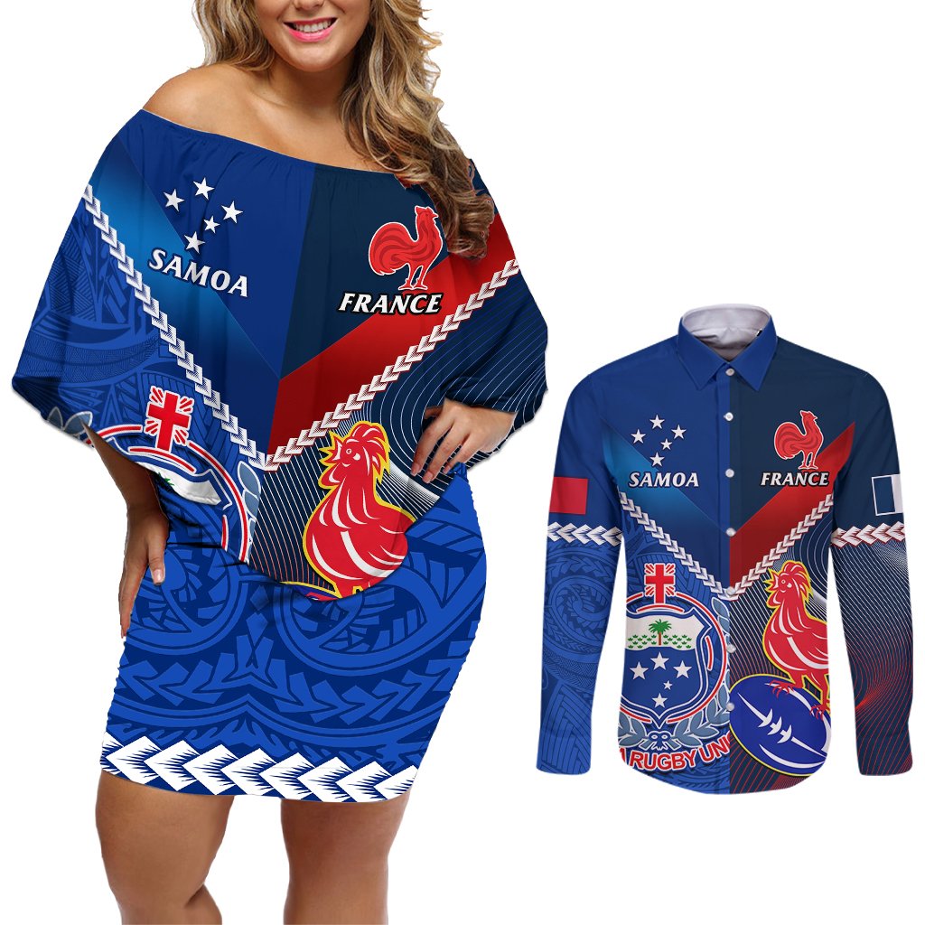 Custom Samoa And France Rugby Couples Matching Off Shoulder Short Dress and Long Sleeve Button Shirts 2023 World Cup Manu Samoa With Les Bleus LT14 Blue - Polynesian Pride