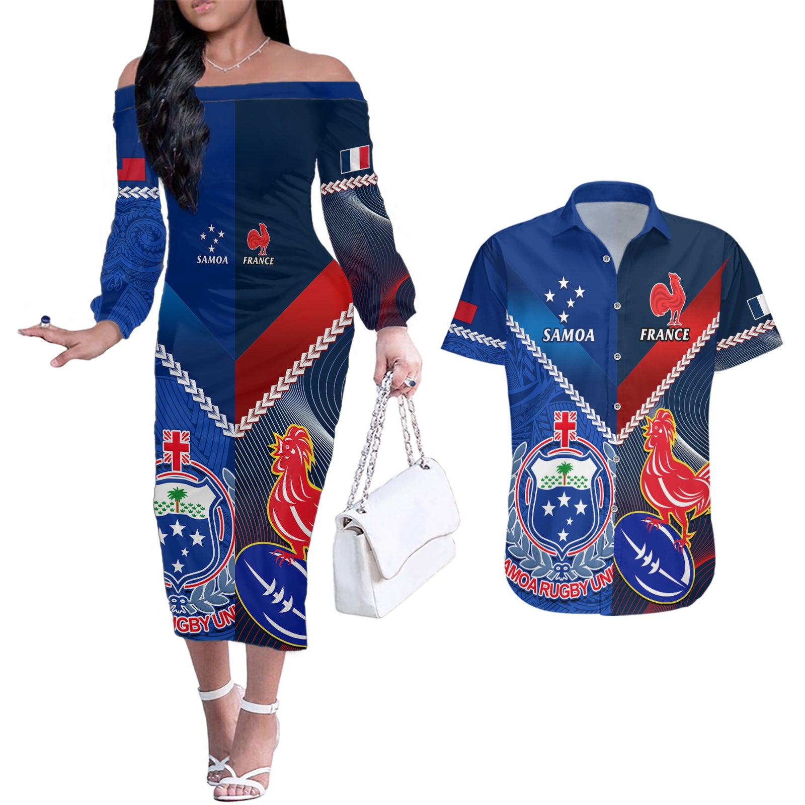 Custom Samoa And France Rugby Couples Matching Off The Shoulder Long Sleeve Dress and Hawaiian Shirt 2023 World Cup Manu Samoa With Les Bleus LT14 Blue - Polynesian Pride