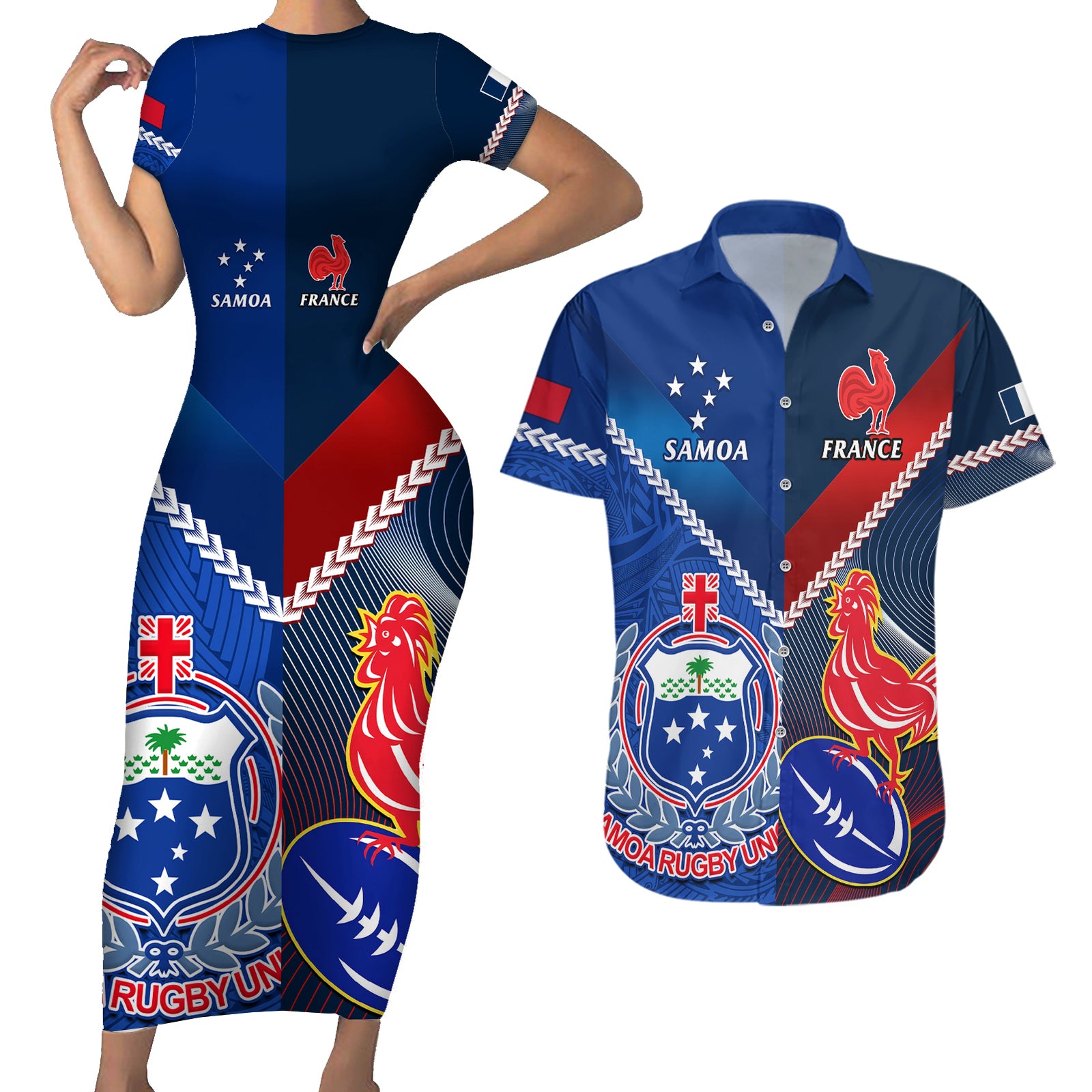 Custom Samoa And France Rugby Couples Matching Short Sleeve Bodycon Dress and Hawaiian Shirt 2023 World Cup Manu Samoa With Les Bleus LT14 Blue - Polynesian Pride