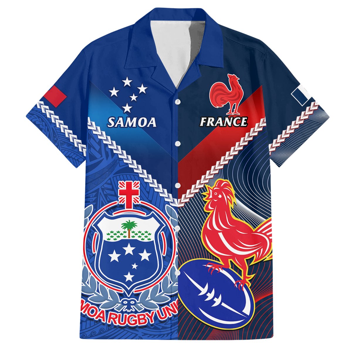 Custom Samoa And France Rugby Hawaiian Shirt 2023 World Cup Manu Samoa With Les Bleus LT14 Blue - Polynesian Pride