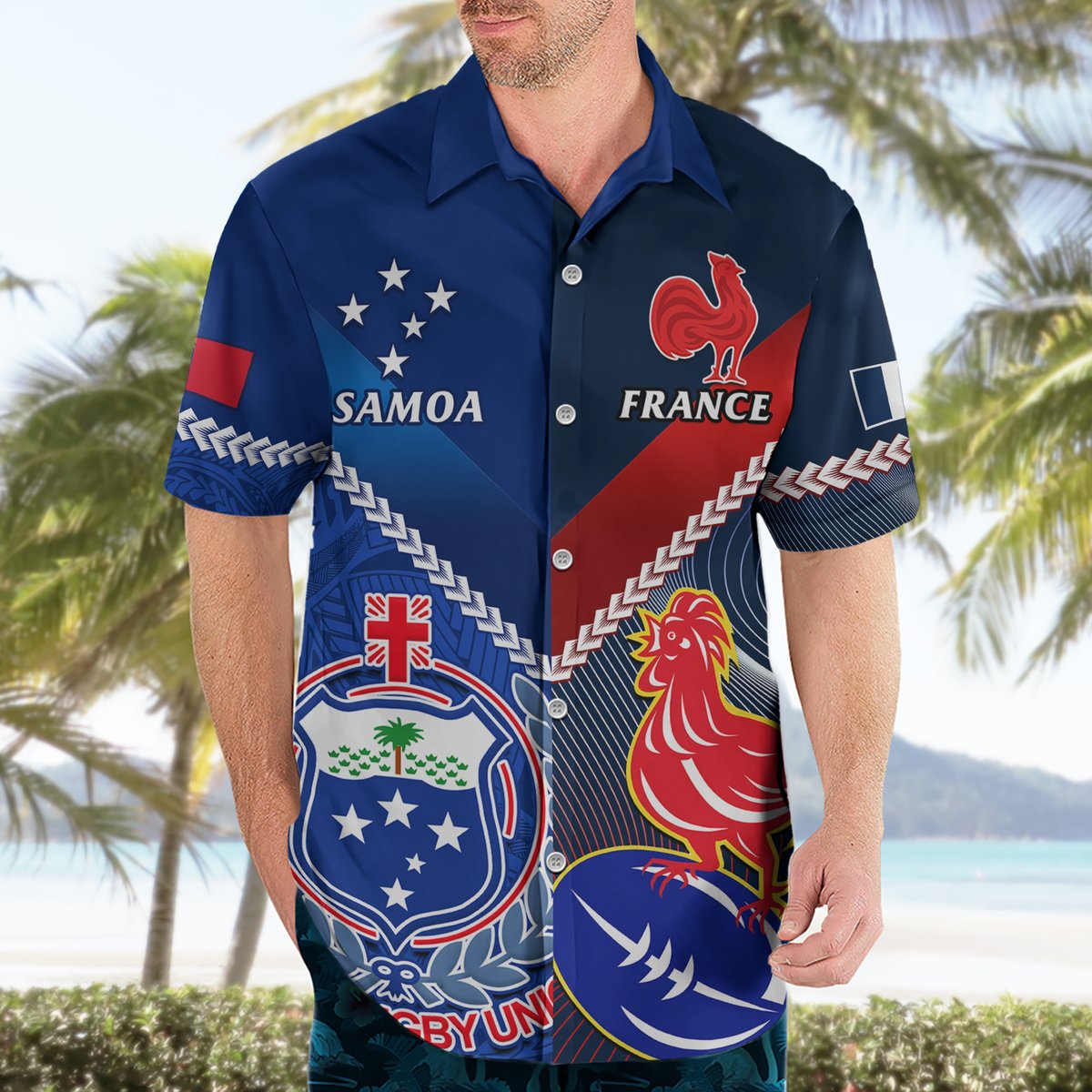 Custom Samoa And France Rugby Hawaiian Shirt 2023 World Cup Manu Samoa With Les Bleus LT14 - Polynesian Pride