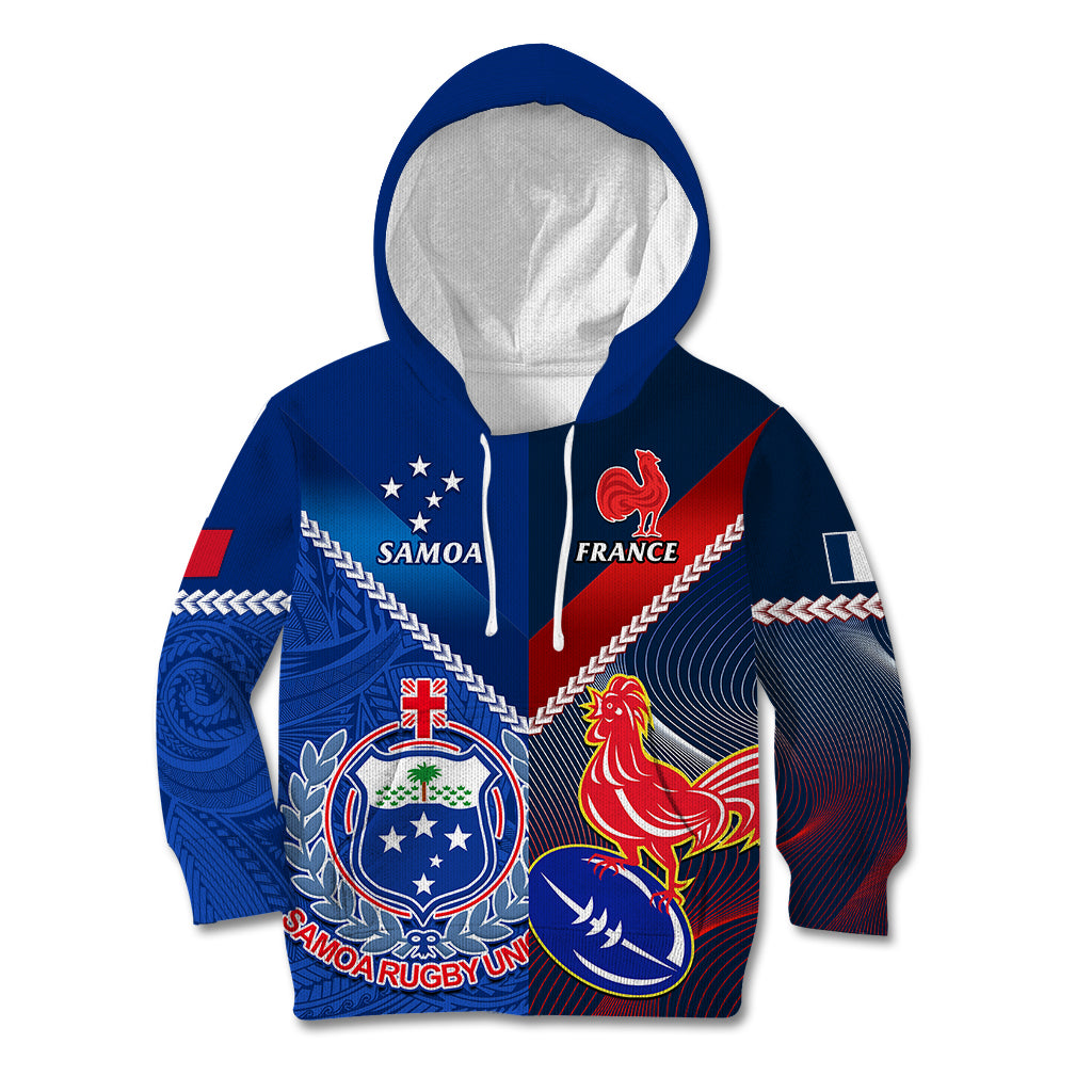 Custom Samoa And France Rugby Kid Hoodie 2023 World Cup Manu Samoa With Les Bleus LT14 Blue - Polynesian Pride