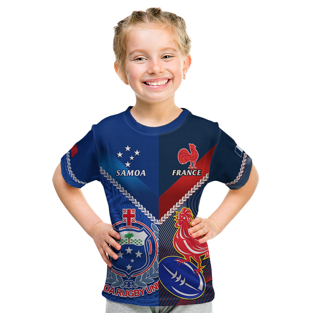 Custom Samoa And France Rugby Kid T Shirt 2023 World Cup Manu Samoa With Les Bleus LT14 Blue - Polynesian Pride