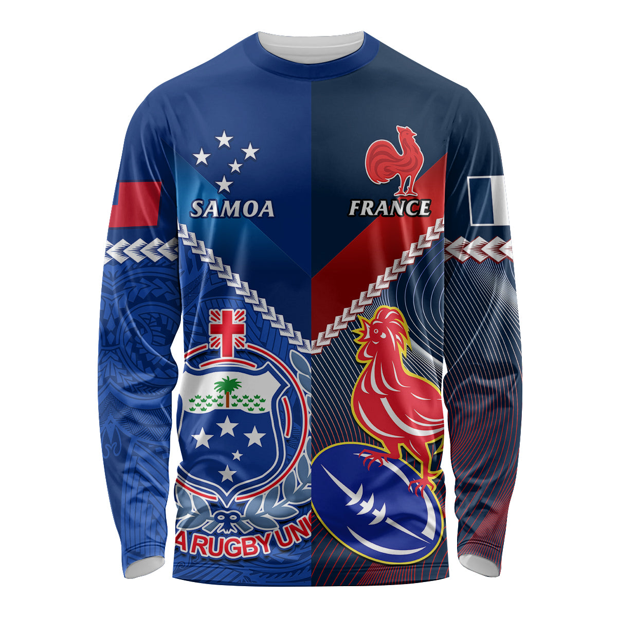 Custom Samoa And France Rugby Long Sleeve Shirt 2023 World Cup Manu Samoa With Les Bleus LT14 Unisex Blue - Polynesian Pride