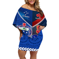 Custom Samoa And France Rugby Off Shoulder Short Dress 2023 World Cup Manu Samoa With Les Bleus LT14 Women Blue - Polynesian Pride