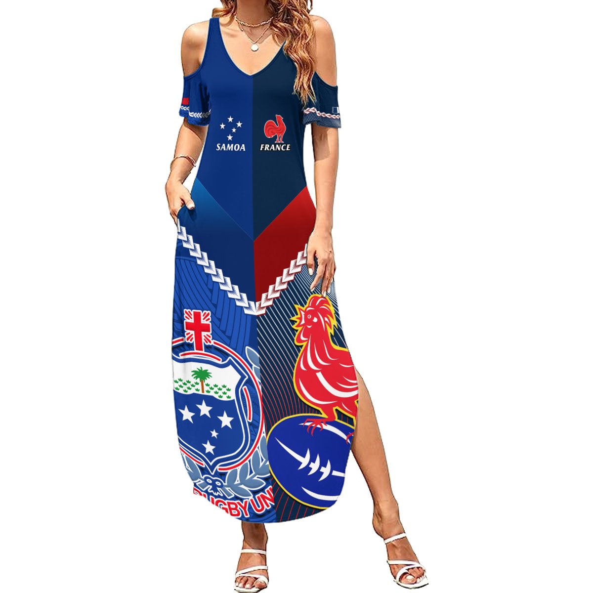 Custom Samoa And France Rugby Summer Maxi Dress 2023 World Cup Manu Samoa With Les Bleus LT14 Women Blue - Polynesian Pride