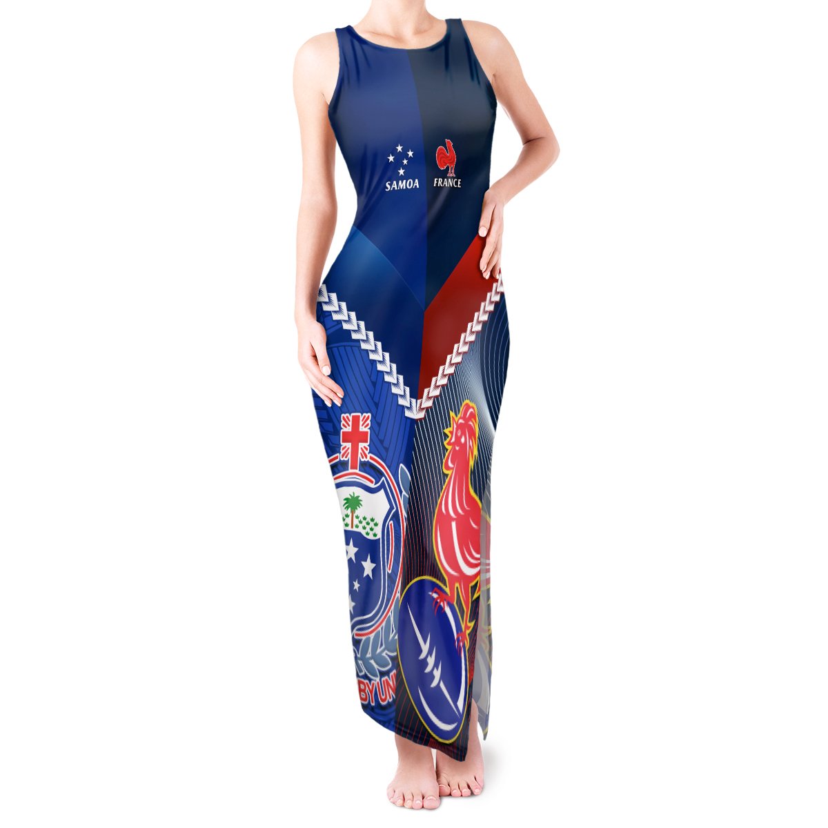 Custom Samoa And France Rugby Tank Maxi Dress 2023 World Cup Manu Samoa With Les Bleus LT14 Women Blue - Polynesian Pride