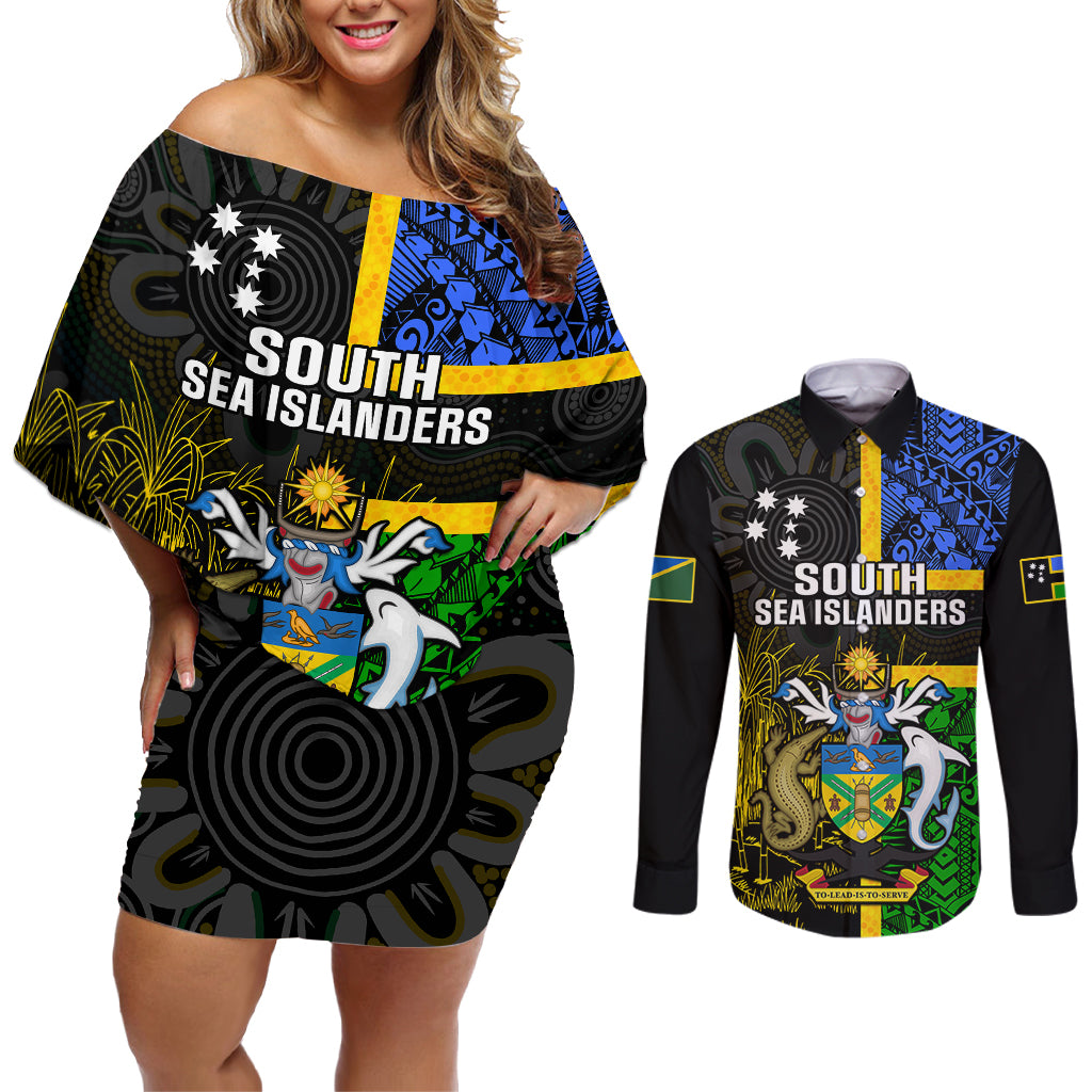 South Sea Islanders Couples Matching Off Shoulder Short Dress and Long Sleeve Button Shirts Kanakas With Solomon Islands Coat Of Arms LT14 Black - Polynesian Pride