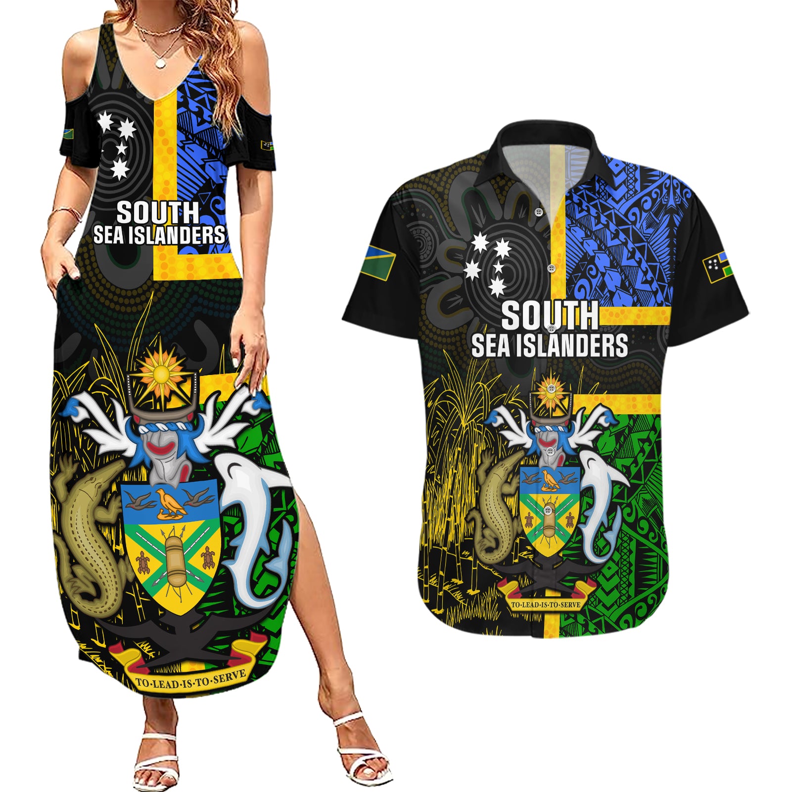 South Sea Islanders Couples Matching Summer Maxi Dress and Hawaiian Shirt Kanakas With Solomon Islands Coat Of Arms LT14 Black - Polynesian Pride