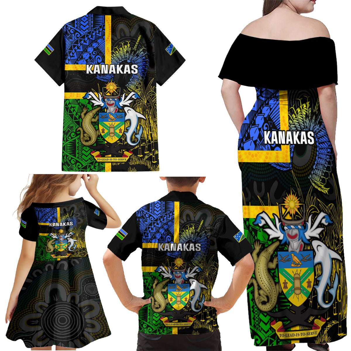 South Sea Islanders Family Matching Off Shoulder Maxi Dress and Hawaiian Shirt Kanakas With Solomon Islands Coat Of Arms LT14 - Polynesian Pride