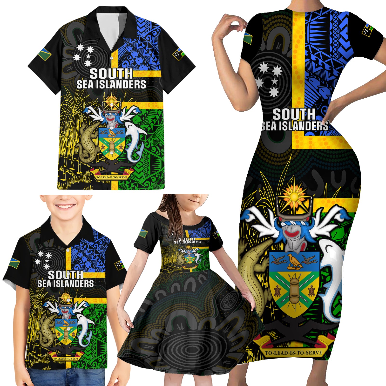 South Sea Islanders Family Matching Short Sleeve Bodycon Dress and Hawaiian Shirt Kanakas With Solomon Islands Coat Of Arms LT14 Black - Polynesian Pride