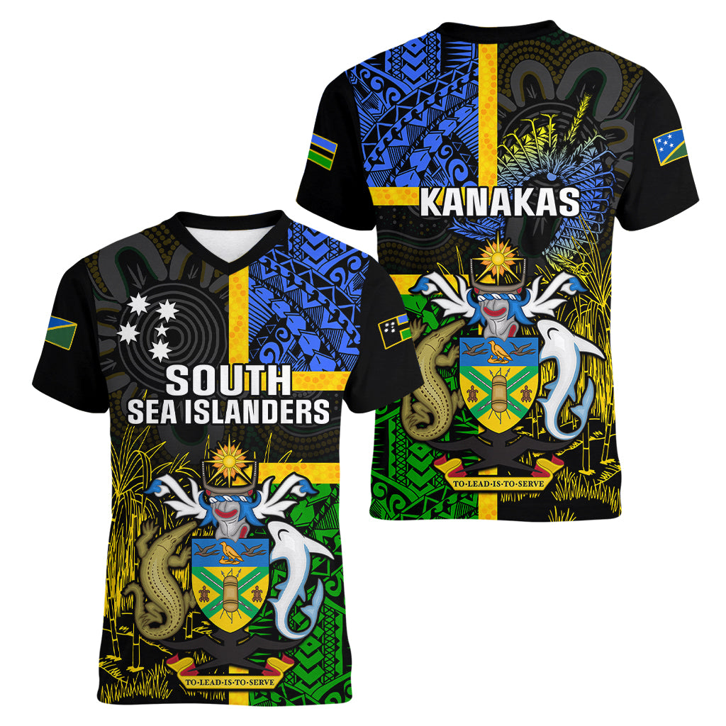 South Sea Islanders Women V Neck T Shirt Kanakas With Solomon Islands Coat Of Arms LT14 - Polynesian Pride