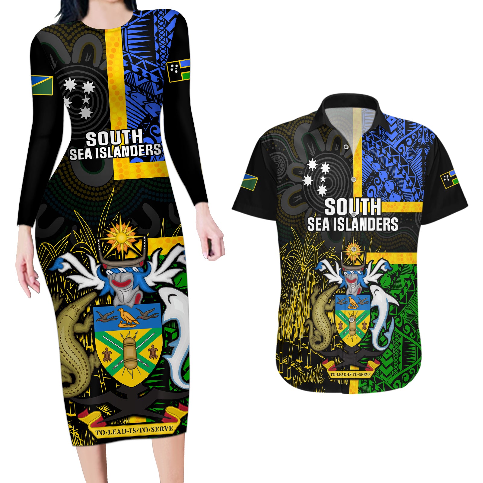 personalised-south-sea-islanders-couples-matching-long-sleeve-bodycon-dress-and-hawaiian-shirt-kanakas-with-solomon-islands-coat-of-arms