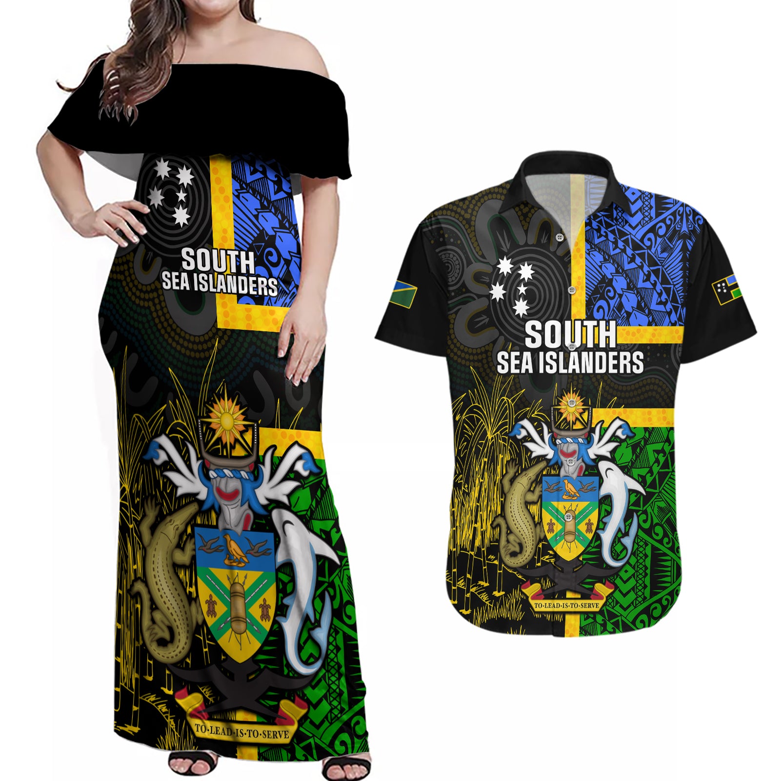 personalised-south-sea-islanders-couples-matching-off-shoulder-maxi-dress-and-hawaiian-shirt-kanakas-with-solomon-islands-coat-of-arms