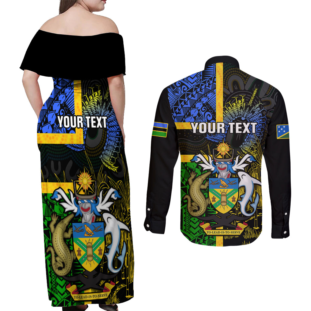 personalised-south-sea-islanders-couples-matching-off-shoulder-maxi-dress-and-long-sleeve-button-shirts-kanakas-with-solomon-islands-coat-of-arms