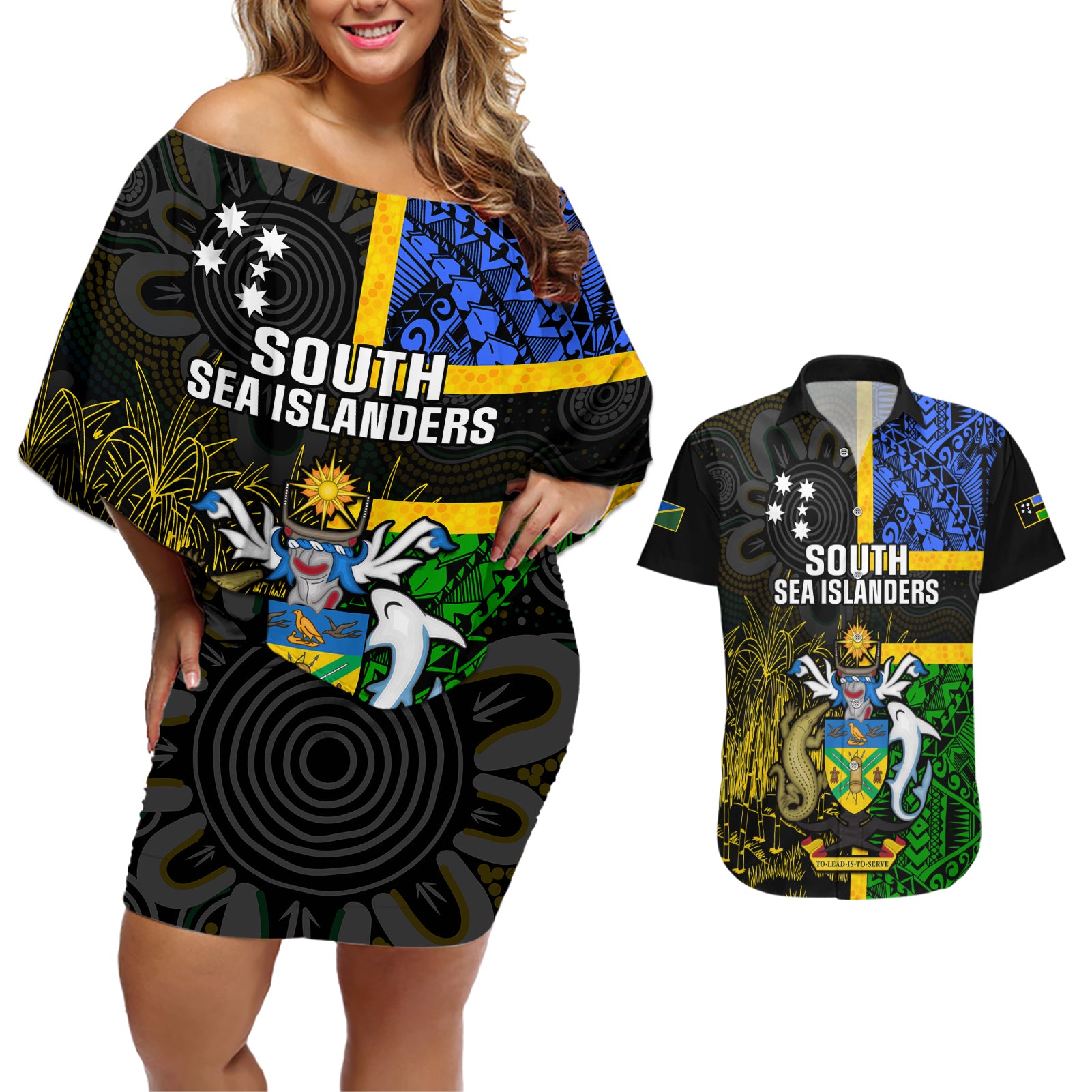 personalised-south-sea-islanders-couples-matching-off-shoulder-short-dress-and-hawaiian-shirt-kanakas-with-solomon-islands-coat-of-arms
