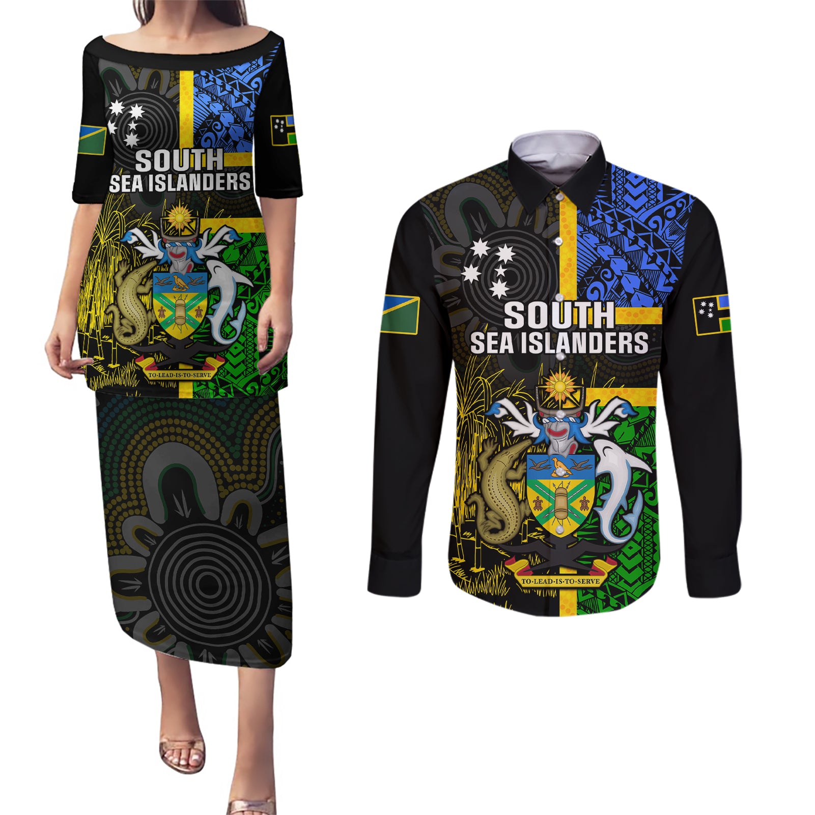 personalised-south-sea-islanders-couples-matching-puletasi-dress-and-long-sleeve-button-shirts-kanakas-with-solomon-islands-coat-of-arms