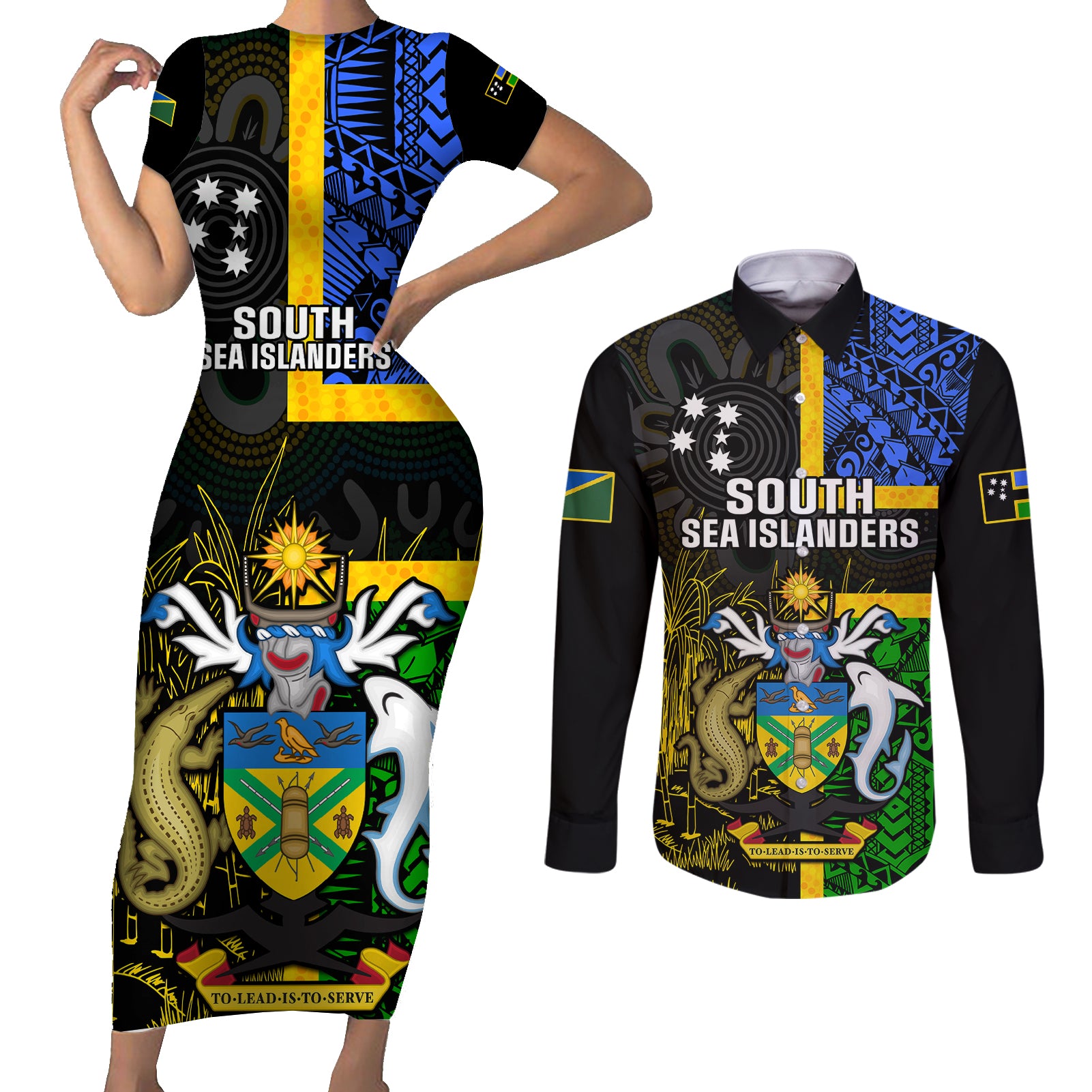 personalised-south-sea-islanders-couples-matching-short-sleeve-bodycon-dress-and-long-sleeve-button-shirts-kanakas-with-solomon-islands-coat-of-arms