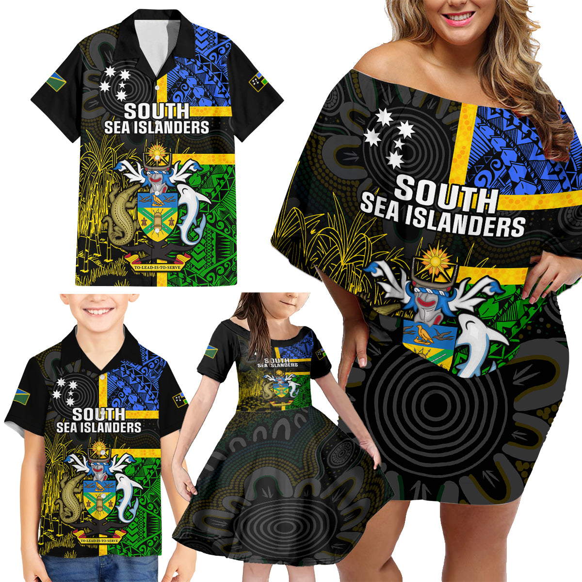 personalised-south-sea-islanders-family-matching-off-shoulder-short-dress-and-hawaiian-shirt-kanakas-with-solomon-islands-coat-of-arms