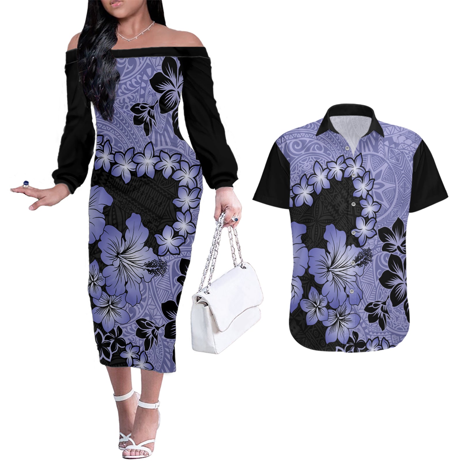 Purple Hawaii Couples Matching Off The Shoulder Long Sleeve Dress and Hawaiian Shirt Tapa Cloth Mix Tropical Flowers Pastel Vibes LT14 Purple - Polynesian Pride