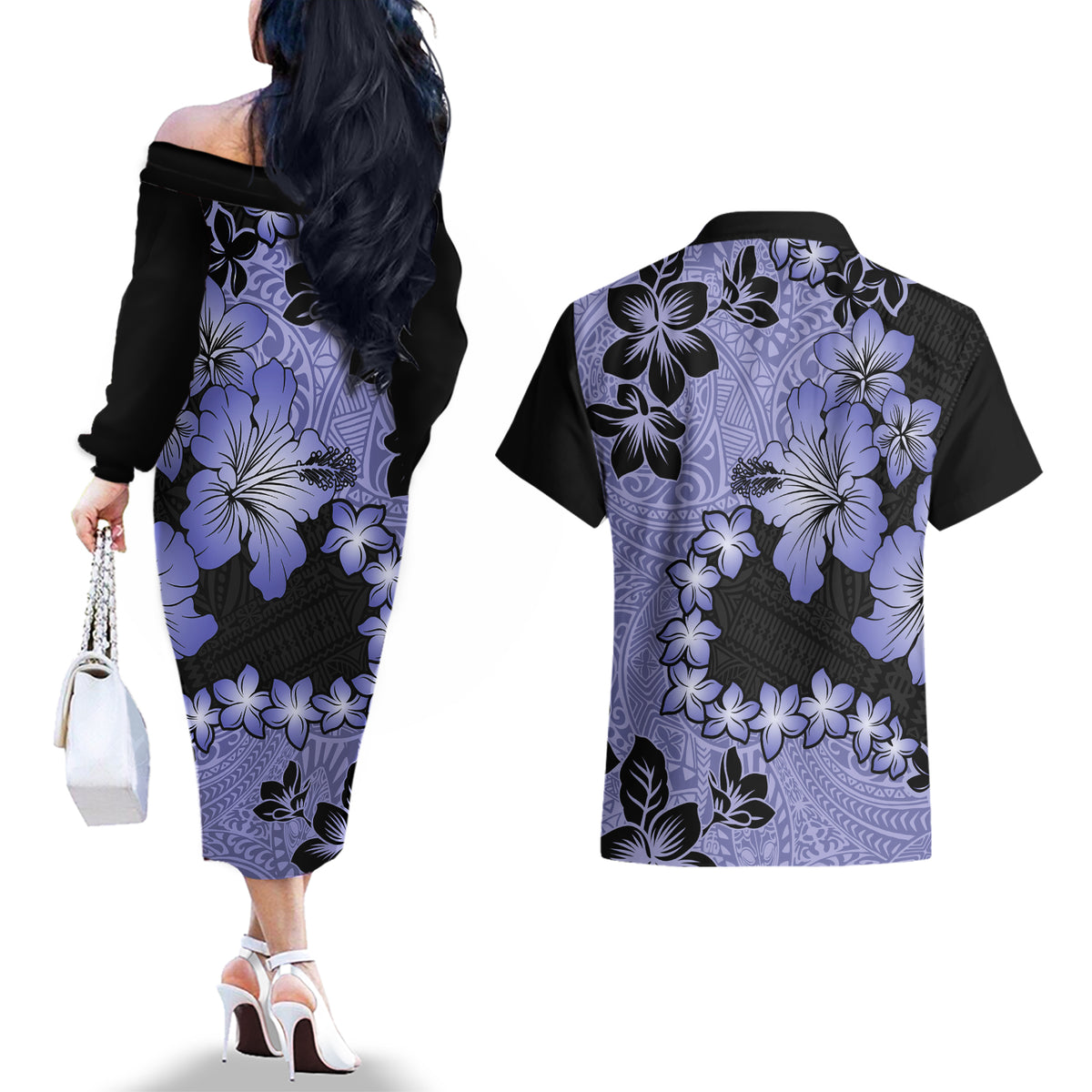Purple Hawaii Couples Matching Off The Shoulder Long Sleeve Dress and Hawaiian Shirt Tapa Cloth Mix Tropical Flowers Pastel Vibes LT14 - Polynesian Pride