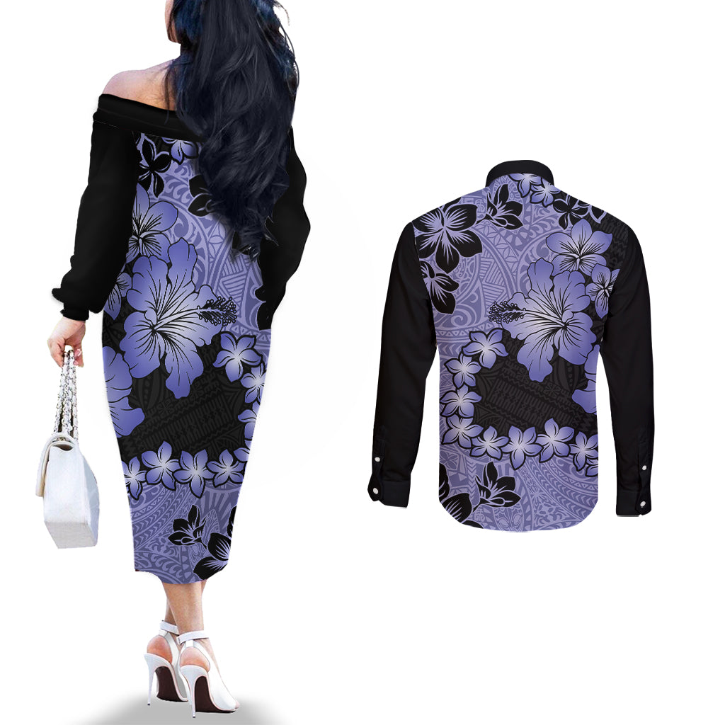 Purple Hawaii Couples Matching Off The Shoulder Long Sleeve Dress and Long Sleeve Button Shirt Tapa Cloth Mix Tropical Flowers Pastel Vibes LT14 - Polynesian Pride