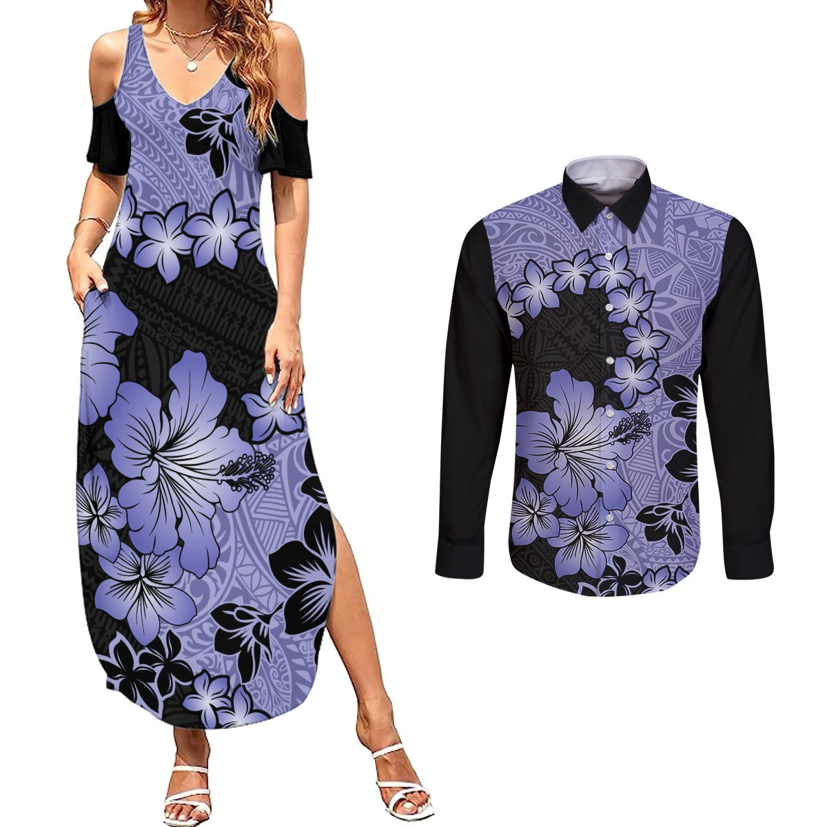 Purple Hawaii Couples Matching Summer Maxi Dress and Long Sleeve Button Shirt Tapa Cloth Mix Tropical Flowers Pastel Vibes LT14 Purple - Polynesian Pride