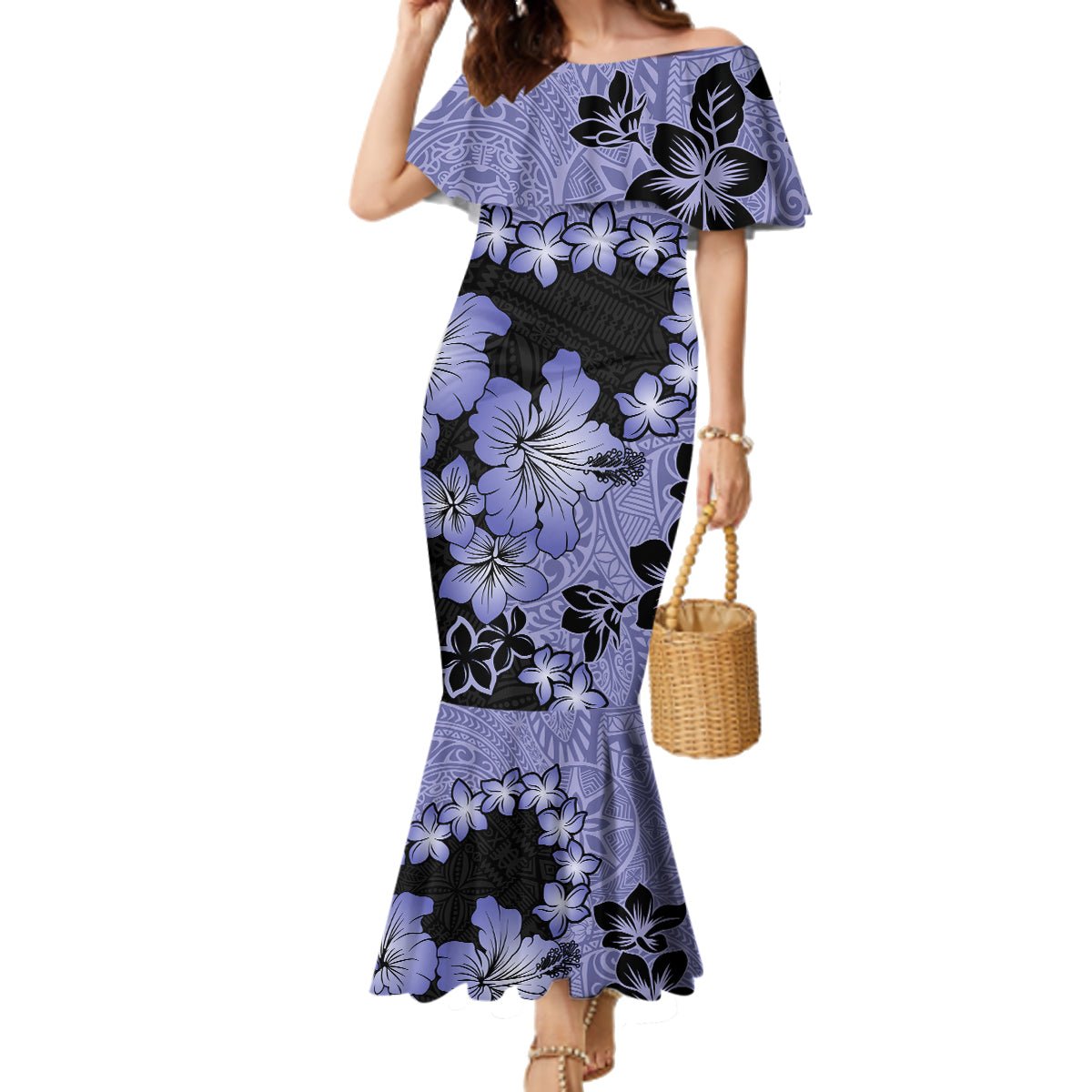 Purple Hawaii Family Matching Mermaid Dress and Hawaiian Shirt Tapa Cloth Mix Tropical Flowers Pastel Vibes LT14 Mom's Dress Purple - Polynesian Pride