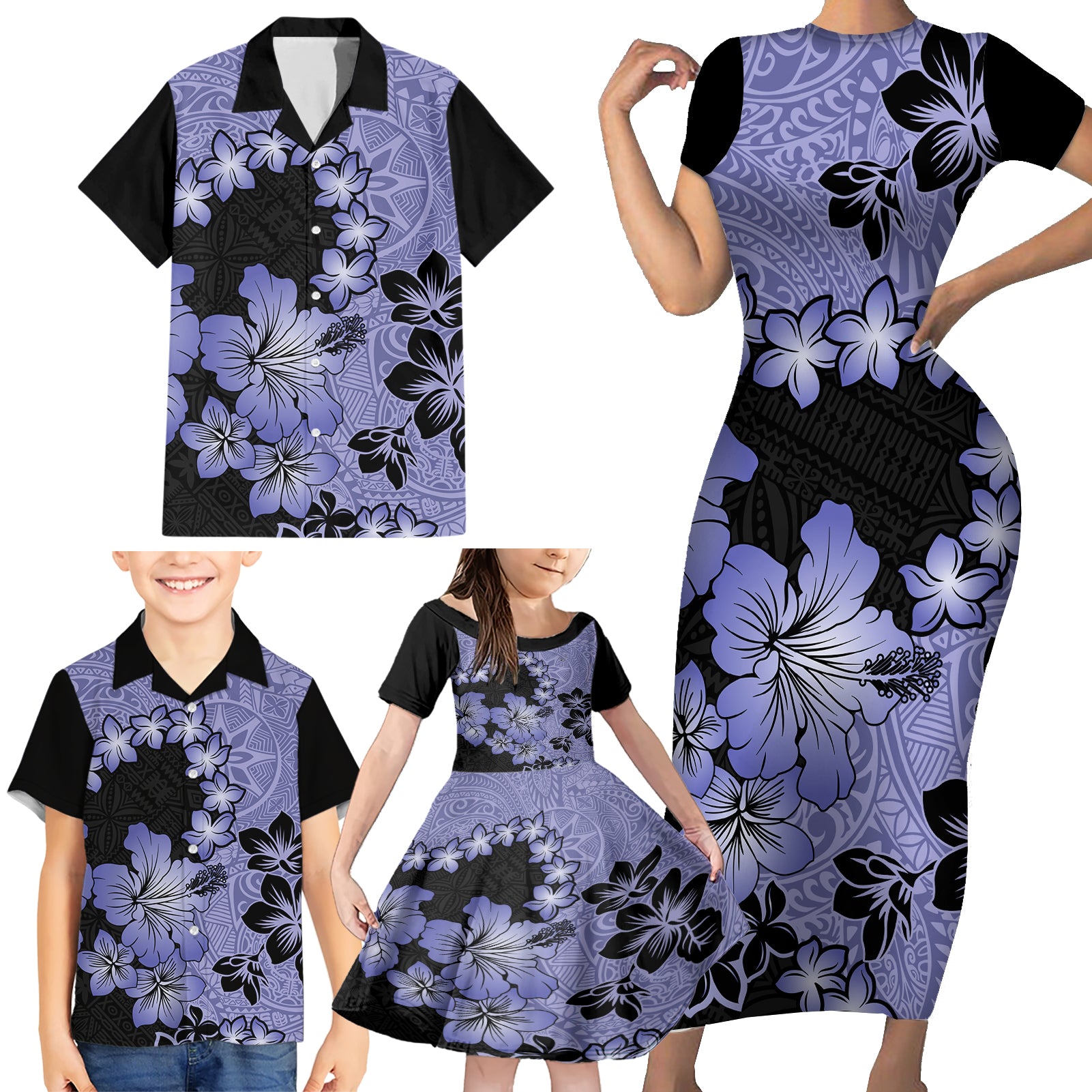 Purple Hawaii Family Matching Short Sleeve Bodycon Dress and Hawaiian Shirt Tapa Cloth Mix Tropical Flowers Pastel Vibes LT14 - Polynesian Pride