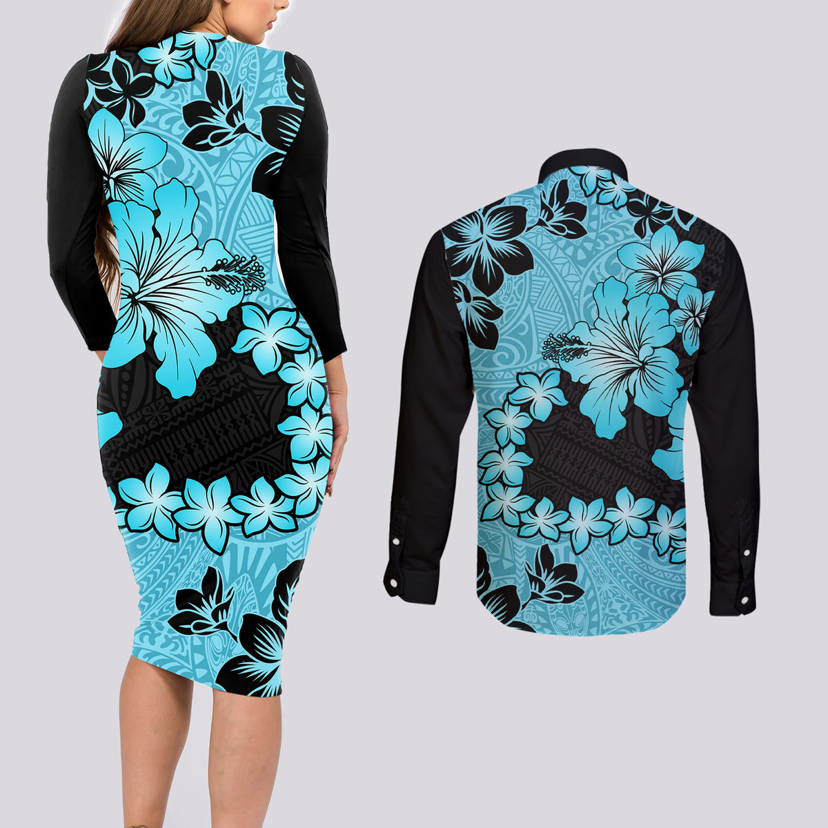 Blue Hawaii Couples Matching Long Sleeve Bodycon Dress and Long Sleeve Button Shirt Tapa Cloth Mix Tropical Flowers Pastel Vibes LT14 - Polynesian Pride