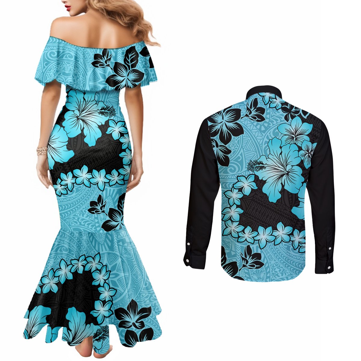 Blue Hawaii Couples Matching Mermaid Dress and Long Sleeve Button Shirt Tapa Cloth Mix Tropical Flowers Pastel Vibes LT14 - Polynesian Pride
